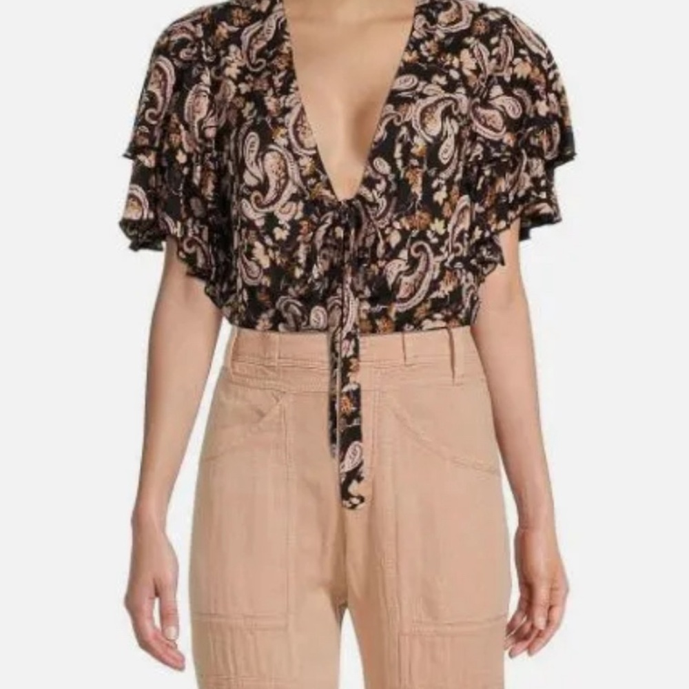 Call Me Later Printed V-Neck Tiered Ruffle Short Sleeve Tie Front Bodysuit